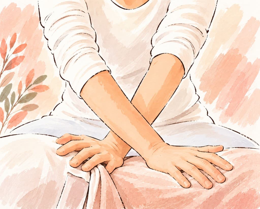 Illustration of hands resting across a draped lap