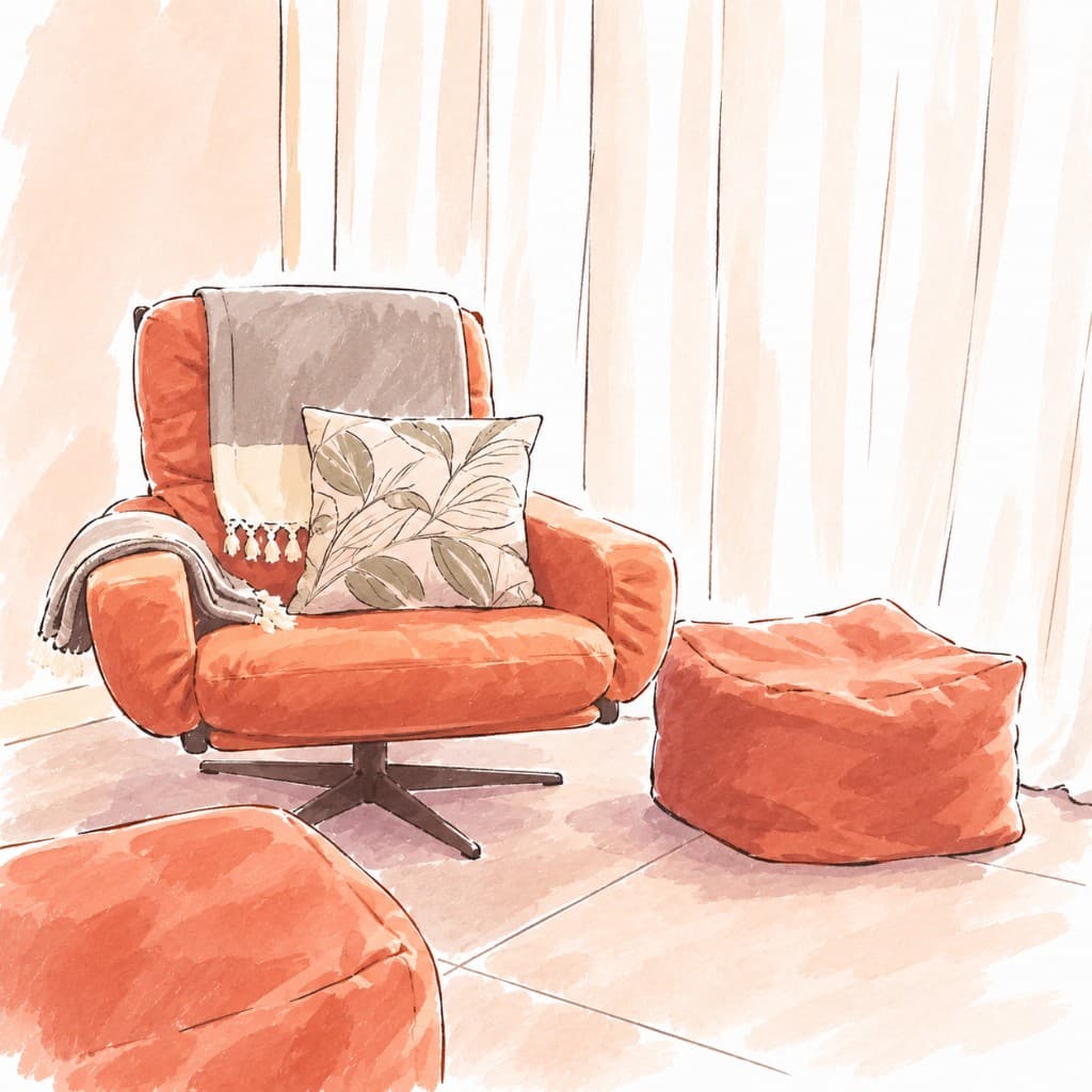 Illustration of a coral lounge chair and ottomans