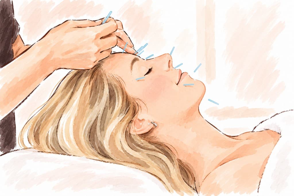 Illustration of a facial acupuncture treatment
