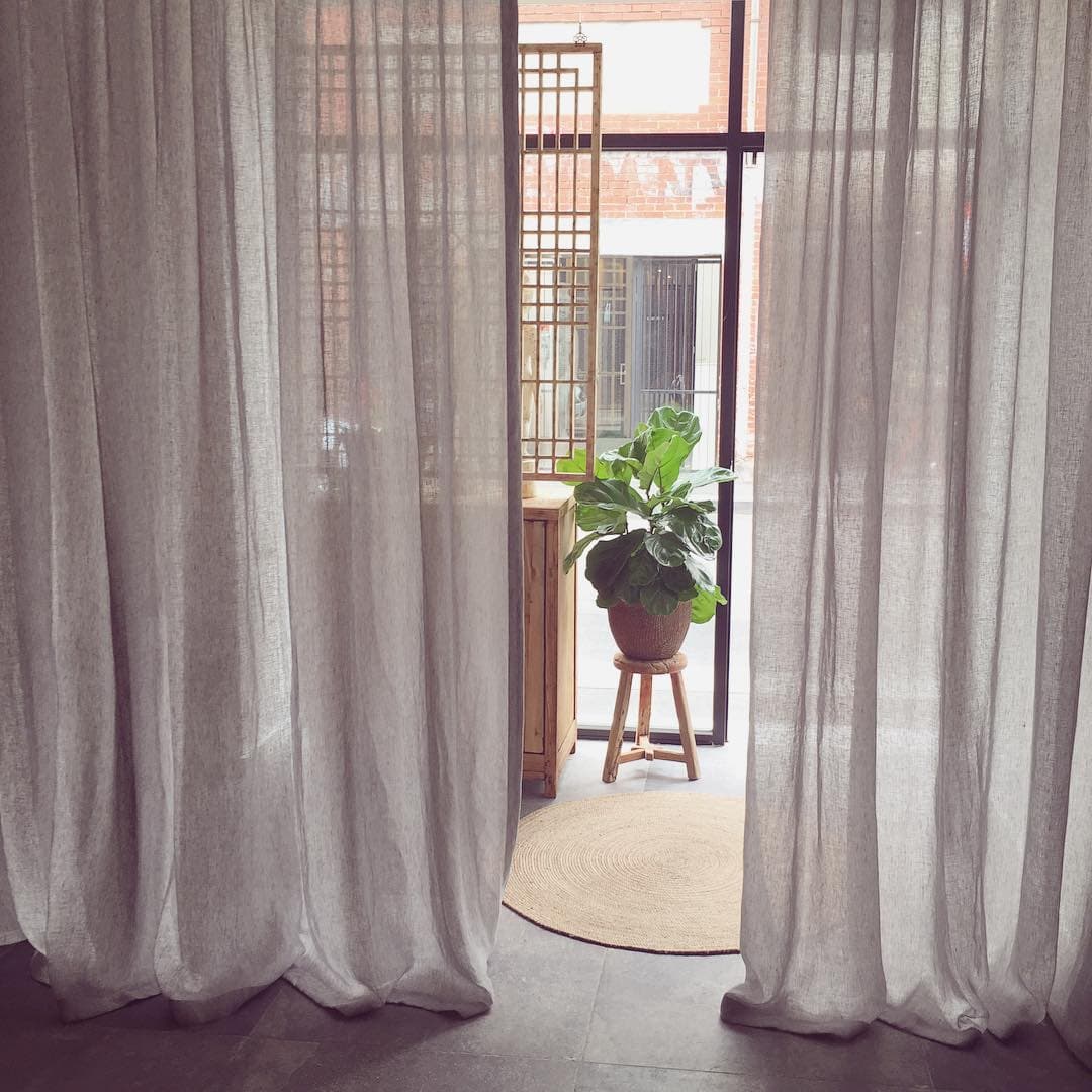 Window, curtains and fiddle-leaf fig