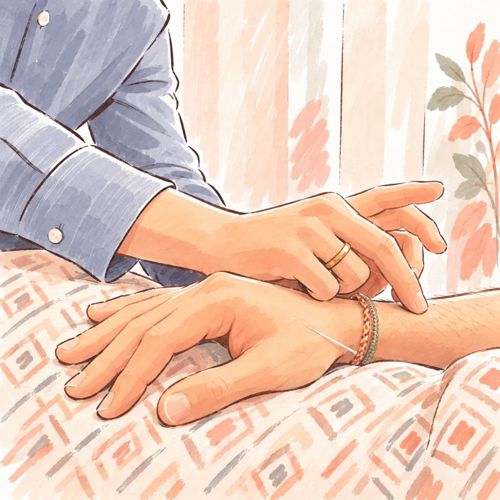 Illustration of hands placing an acupuncture needle