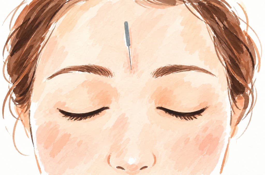 Illustration of a forehead with one acupuncture needle